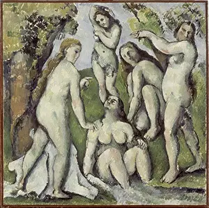 Drucke von In der warmen Sonne liegen fünf Frauen auf einem Felsen am See, ihre Körper in entspannter Haltung Paul Cezanne Drucke: Frauengruppe im Freibad, 1886