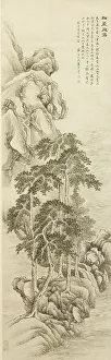 Felsen und Eichenbäume, Wasserfall, 1813. Schöpfer: Zhu Henian