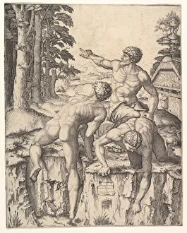 Drucke von Die Kletterer: drei nackte Männer; einer aus dem Hinterhalt gesehen wird und sich auf einen Flussufer klettern lässt. Soldaten treten im Hintergrund aus der Wälder hervor, 1510 Michelangelo Buonarroti Drucke: Die Kletterer: drei nackte Männer, ein von hinten gesehen kletternd auf einen Flussufer