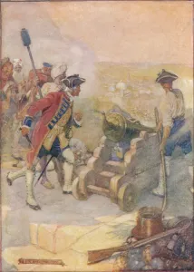 British Empire Expansion Drucke: Clive Fired One of the Guns Himself, c1908, (c1920). Artist: Joseph Ratcliffe Skelton