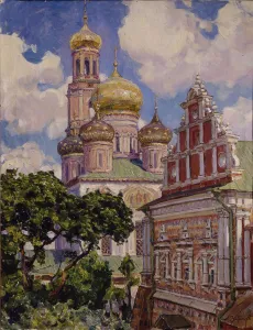 Moscow Cityscape Painting Drucke: Clouds and Golden Domes. The Simonov Monastery
