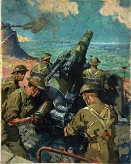 Terence Cuneo Artwork Drucke: Coastal battery scene, World War II, c1939-c1945. Creator: Terence Tenison Cuneo
