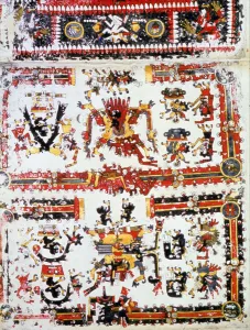 Buch Codex Borgianus zeigt konfrontierende Gottheiten. Mesoamerikanisches Präkolumbikum - Mexiko (Mixtek), 12.-16. Jahrhundert