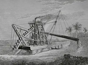 Drucke von Ein Dampfschlepper, der Hercules genannt wird, im Hafen von Colon in Panama 1883. Der Schlepper wurde in Philadelphia gebaut und Ende März 1883 zum Baustellenort des Panamakanals transportiert Kolumbien Drucke: Das Dampfschleppkahn Hercules bei der Arbeit am Bau des Panamakanals