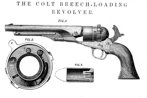 Drucke von Colt Frontierrevolver, von Samuel Colt (1814-62), um 1850. Figur 2: Die Schlagbolzenplatte. Figur 3: Das Patronenmodell in Abschnitt. Aus The Mechanics Magazine Industrielle Drucke: Koltt Frontierschussrevolver von Samul Koltt (* 1814 - 1862 ), ca. 1850