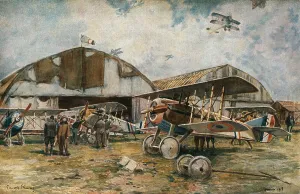 WWI Aircraft Drucke: Combat Aerien; Devant les hangars d