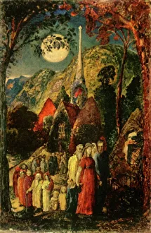 Drucke von Von der Abendkirche, 1830, (1947). Gemeinde verlässt ein Evensong-Gottesdienst in Shoreham, Kent, mit voller Mond über der Kirche. Gemälde im Tate Gallery, London London Drucke: Aus dem Abendgottesdienst, 1830, (1947). Künstler: Samuel Palmer.