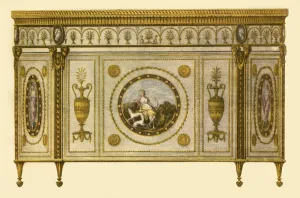 Drucke von Kommode von Robert Adam, 1770, (1946). Kommode von Robert Adam im Ankleidezimmer der Countess of Derby, Osterley Park, Herrenhaus (West-London) Robert Adam Drucke: Kommode von Robert Adam, 1770, (1946). Künstler: Benedetto Pastorini.