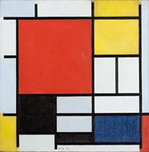 Komposition mit großen roter Fläche in gelb-, schwarz- und grau-blau Farben; 1921. Künstler: Mondrian
