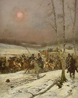 Coalition Wars History Drucke: Cossacks Attacking a squadron of the Guards of Honour, c. 1910. Artist: Detaille