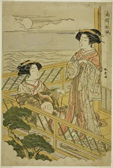 Zwei Kurtisanen auf einem mondlichtüberschatteten Balkon in einem Haus der Lust in Shinagawa, um 1774. Künstler: Shunsho
