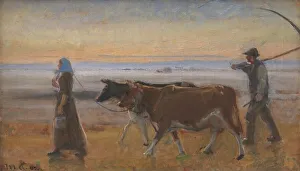 Danish Countryside Landscape Drucke: Cows Being Driven across the Moor, 1902. Creator: Michael Peter Ancher