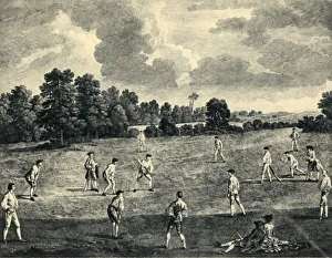 Drucke von Ein Cricket-Match in den Mary-Le-Bone-Feldern, 1748, (1947). Männer spielen Cricket im Marylebone Fields, (jetzt Teil der Stadt Westminster, London) Karl Grignion Drucke: Cricket-Spiel in den Mary-Le-Bone-Feldern, 1748, (1947). Künstler: Charles Grignion