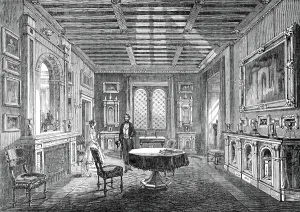 Das Rote Zimmer, Lansdown Tower, 1845. Ein Zimmer im Innern eines architektonischen Follys, der für den britischen Kunstsammler William Beckford in der Nähe von Bath, Somerset gebaut wurde. Es war von Henry Goodridge entworfen. Das Rote Zimmer ist ein sehr gut ausgestattetes Apartment mit einem eingeschnittenen Eichenboden. Die Fenstervorhänge sind aus rotem Stoff; und das Teppichmuster ist rot mit Vierblattmotiv. Die Stühle sind des berühmten Fonthill-Musters; sie sind schwarz lackiert; die Sitze und Rücken sind mit rotem Stoff und Seidenspitze bezogen. Der Tisch in der Mitte ist aus geschnitztem Eichenholz; und das große Konsole-Tisch gegenüber dem Kamin ist ein sehr hervorragendes Exemplar mit reichen Brokat-Platten, reich verzierten Trägern usw.Die Pollard-und-Riga-Eichen-Schränke an jeder Seite des Endfensters sind sehr fein; die unteren haben seltene Jaspisplatten.The gold Japanische China-Artikel und Artikel de vertu in diesem superbem Apartment sind exquisit.Foto: Illustrated L