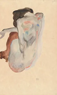 Drucke von Kniende Nackenlose Frau im Schuh und schwarzen Strümpfen, Rückenansicht, 1912 Egon Schiele Drucke: Knieende Nackenfigur in Stiefeln und schwarzen Strümpfen