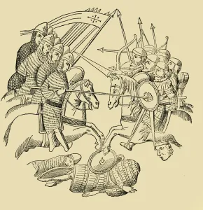 Black And White Battle Scenes Drucke: Crusaders and Saracens in Battle, c1930. Creator: Unknown