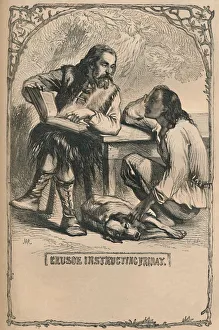 Black And White Book Art Drucke: Crusoe Instructing Friday, c1870