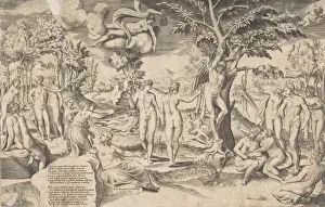 Kupids im Paradiesfeld mit einem Baum im Zentrum, umgeben von vielen Figuren