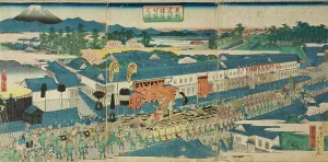 Japanese Landscape Prints Drucke: Daimyo Procession at Kasumigaseki in Edo, 1863. Creator: Utagawa Hiroshige II