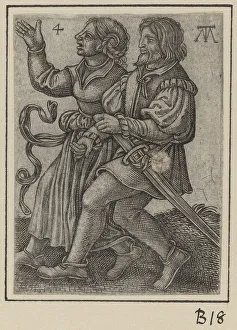 German Engraving Drucke: Dancing Couple, Facing Left, c. 1540. Creator: Martin Treu
