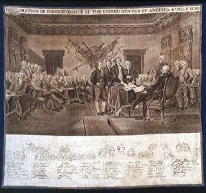 Drucke von Erklärung der Unabhängigkeit des Handtuches, Vereinigte Staaten, um 1876. Erklärung der Unabhängigkeit der Vereinigten Staaten von Amerika vom 4. Juli 1776 mit Liste der anwesenden Personen unten Benjamin Franklin Drucke: Erklärung der Unabhängigkeit Handtuch, Vereinigte Staaten, um 1876