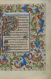 Middle Ages Illuminated Manuscripts Drucke: Decorated Initial D; Book of Hours, about 1450-1455. Creator: Unknown