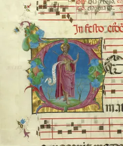 Saint John The Baptist Image Drucke: Decorated initial D: Saint John the Baptist, about 1470-1480. Creator: Cosme Tura