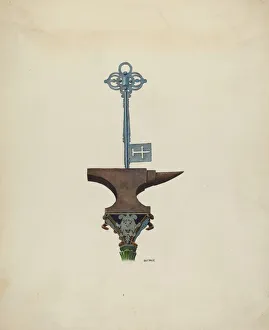 Antique American Advertising Art Drucke: Decorative Ironwork & Locksmith Sign, c. 1939. Creator: Ray Price