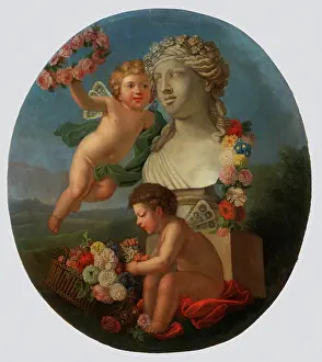 Art Centre Heritage Images Drucke: Decorative Panel with a Bust, Angels and Flowers, 1776. Creator: FR Monogrammist