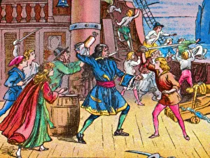 Coloured Lantern Slides Drucke: Defeat of the pirates, c1905