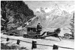 Abfahrend vom Mont-Cenis-Pass im Winter mit Pferdekutschen und Schlitten des 19. Jahrhunderts