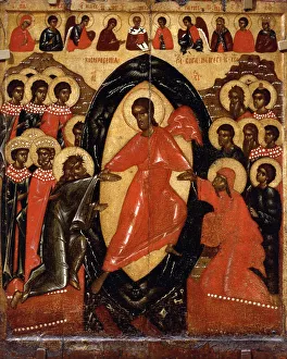 Die Abkehr in den Hölle mit Deesis und ausgewählten Heiligen, Ende des 14. Jahrhunderts Künstler: Russischer Ikon