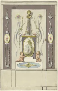 Entwurf für Zimmerdekorationen mit einem Paneel über einer Säule, die einen Kopf eines Bustes trägt, 1767-1823. Schöpfer: Abraham Meertens