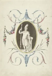 Neo Classical Art Movement Drucke: Design for room decorations with a panel with a standing warrior