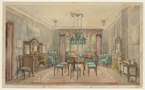 Dutch Interior Design Drucke: Dining room with green canapé, c.1925. Creator: Monogrammist HK