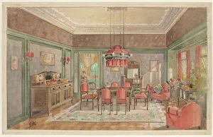 Esszimmer mit roten Stühlen um 1925 von dem Künstler HK signiert (Monogramme)
