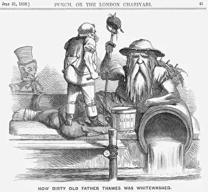 Drucke von Wie schmutzig alter Vater Themse gewaschen wurde: 1858. Ein britischer Arbeiter in Overall und Schuhen hält mit einer großen Bürste eine Hand und ein Taschentuch an der Nase mit der anderen Benjamin Disraeli Drucke: Wie schmutzig alter Vater Themse wurde gewaschen, 1858