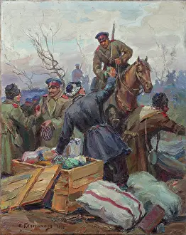 WWI Battlefield Scene Drucke: The distribution of Easter presents at the front