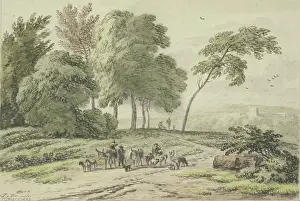 Art Centre Heritage Images Drucke: Two donkey drivers from behind by a group of trees, 1689. Creator: Unknown