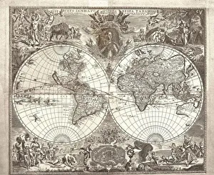 Antique World Map Prints Drucke: Double hemisphere map of the World, 1713
