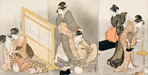 The Oriental Arts Collection Drucke: Double pillow. Triptych, ca 1794. Artist: Utamaro, Kitagawa (1753-1806)