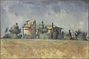 Drucke von Ein kleiner Turm, der in die Landschaft eingebettet ist, mit einem Dach voller Tauben. Ein Bild von Paul Cézanne aus den Jahren 1888-1892 Paul Cezanne Drucke: Der Taubenschlag in Bellevue, 1888-1892