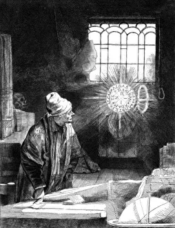 Drucke von Dr Faustus im Studium. Zeichnung basierend auf der ursprünglichen Malerei von Rembrandt, des Totenmälers oder Astrologen, der sein Leben für Wissen und Macht gegen den Teufel tauscht Bilder Datiert 2007 Februar: Der Dr Faustus im Studium