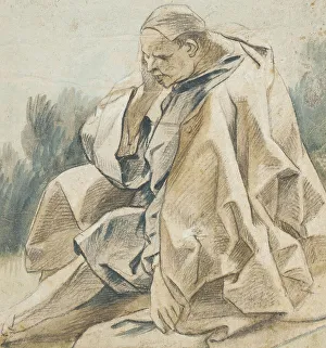 Flanders Belgium Art Drucke: Drapery Study of a Seated Man Wearing a Cap (recto); Study of a Hand