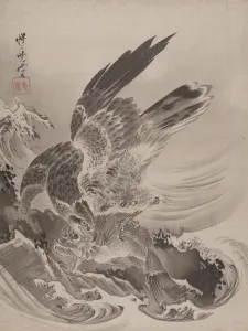 Heritage Art From Japan Drucke: Eagle Attacking Fish, ca. 1887. Creator: Kawanabe Kyosai