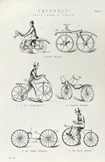 Sechs frühe Formen des Fahrrads um 1870