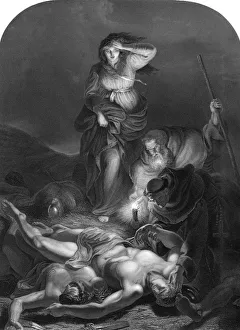 Victorian Engraving Drucke: Edith finding the Body of Harold, (1834). Artist: E Whitfield