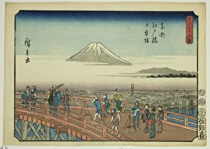 Edo-Brücke und Nihon-Brücke im östlichen Hauptstadt (Tōtō Edo-bashi Nihonbashi), von der Seite... 1852. Künstler: Ando Hiroshige