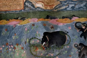 Der Elefantenkönig wird von einem Crocodil angegriffen, um 1650. Ersteller unbekannt