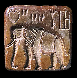Drucke von Elefanten-Seel mit Indus-Schrift gefunden in Mohenjo-Daro, Indus-Tal, 3. Jahrtausend v. Chr. Gefunden im Bestand des Nationalmuseums, Neu-Delhi Seeelefant Drucke: Elefanten-Seel mit Indus-Schrift gefunden in Mohenjo-Daro